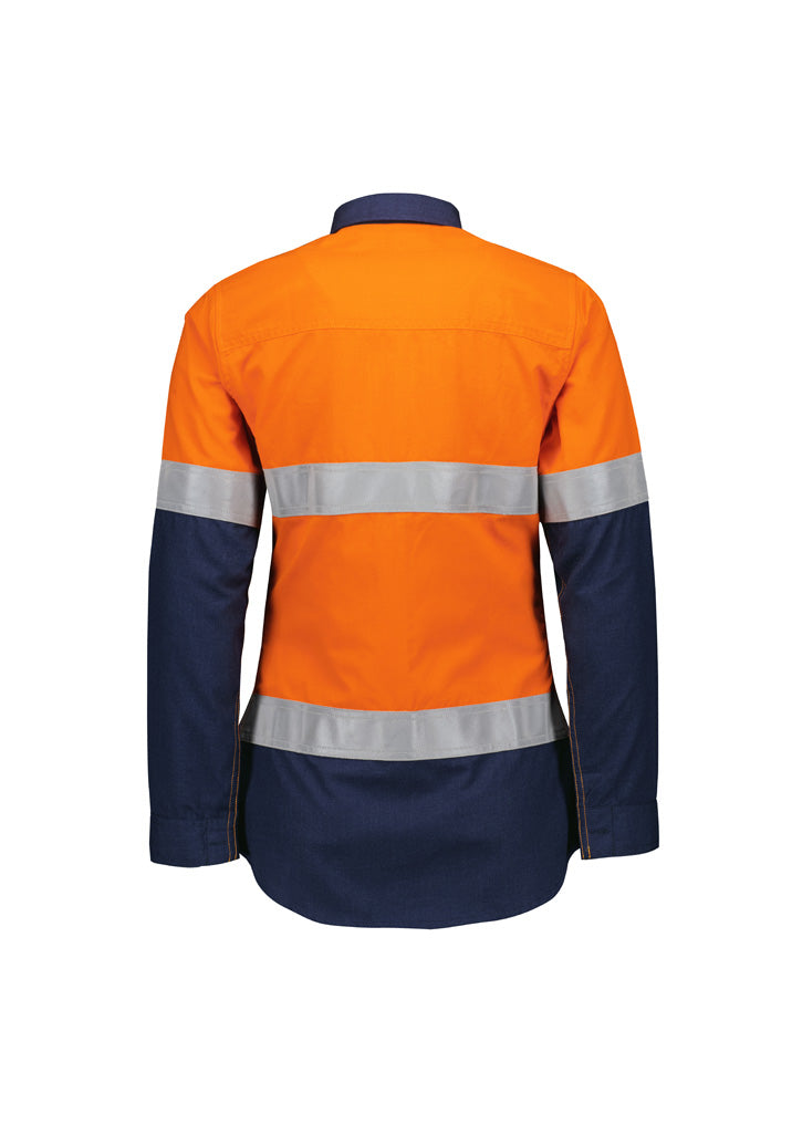 Camisa de senhora laranja flamejante, leve e com costuras ripstop reforçadas.