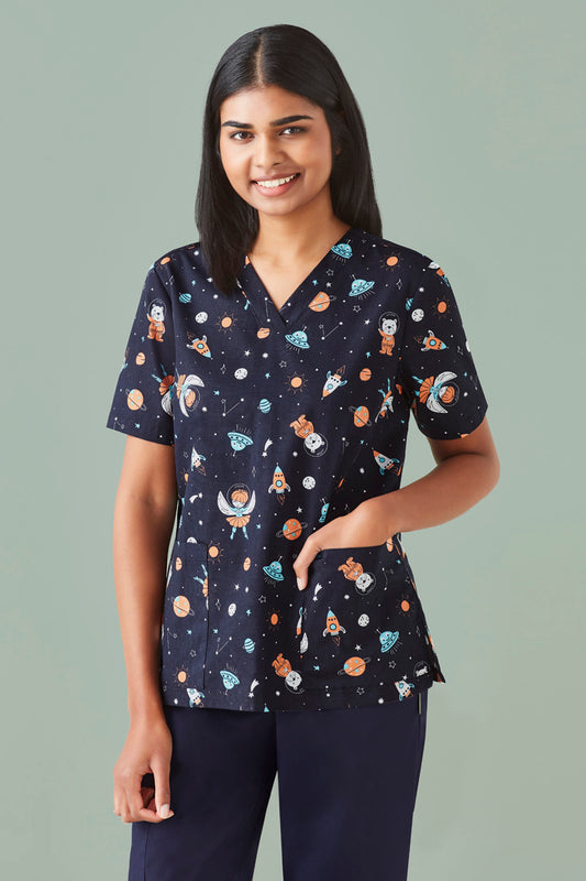 Womens Printed Space Party Scrub Top