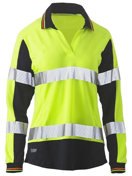 Bisley Womens Long Sleeve Taped Two Tone Hi Vis V-neck Polo