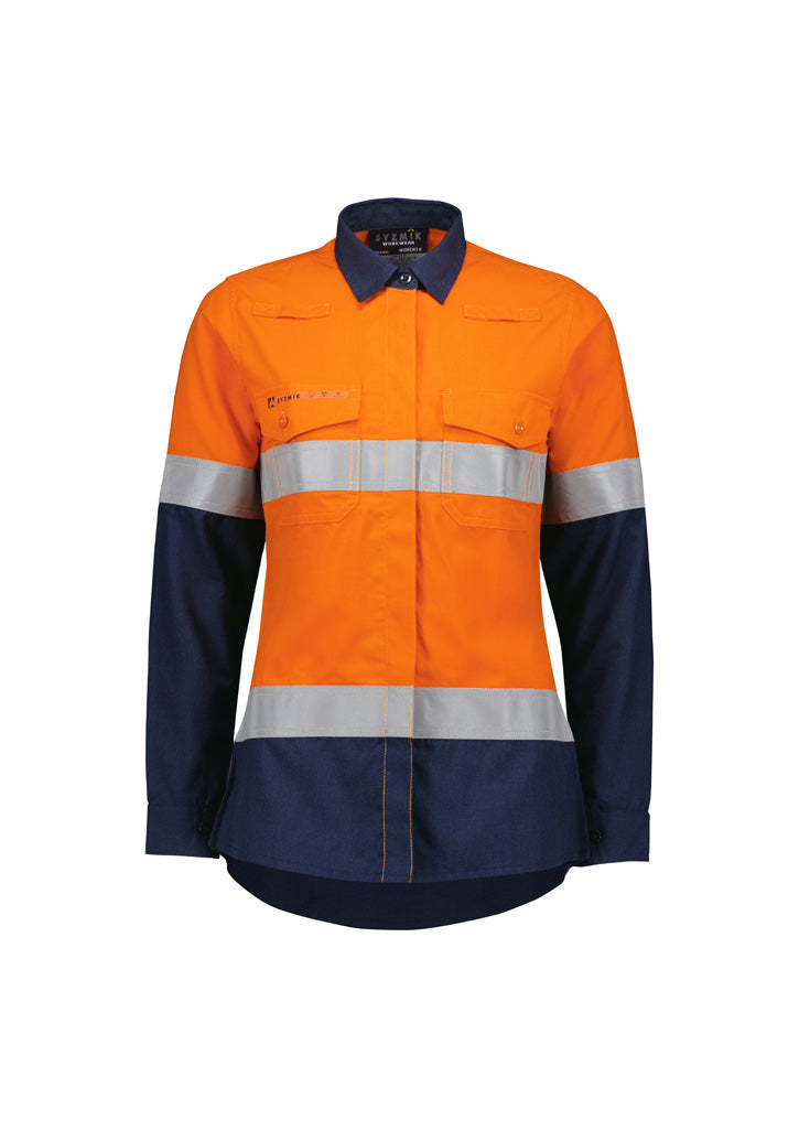 Camisa de senhora laranja flamejante, leve e com costuras ripstop reforçadas.
