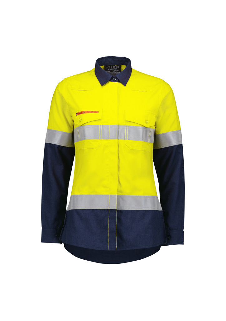 Camisa de senhora laranja flamejante, leve e com costuras ripstop reforçadas.