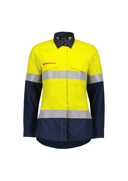 Camisa de senhora laranja flamejante, leve e com costuras ripstop reforçadas.