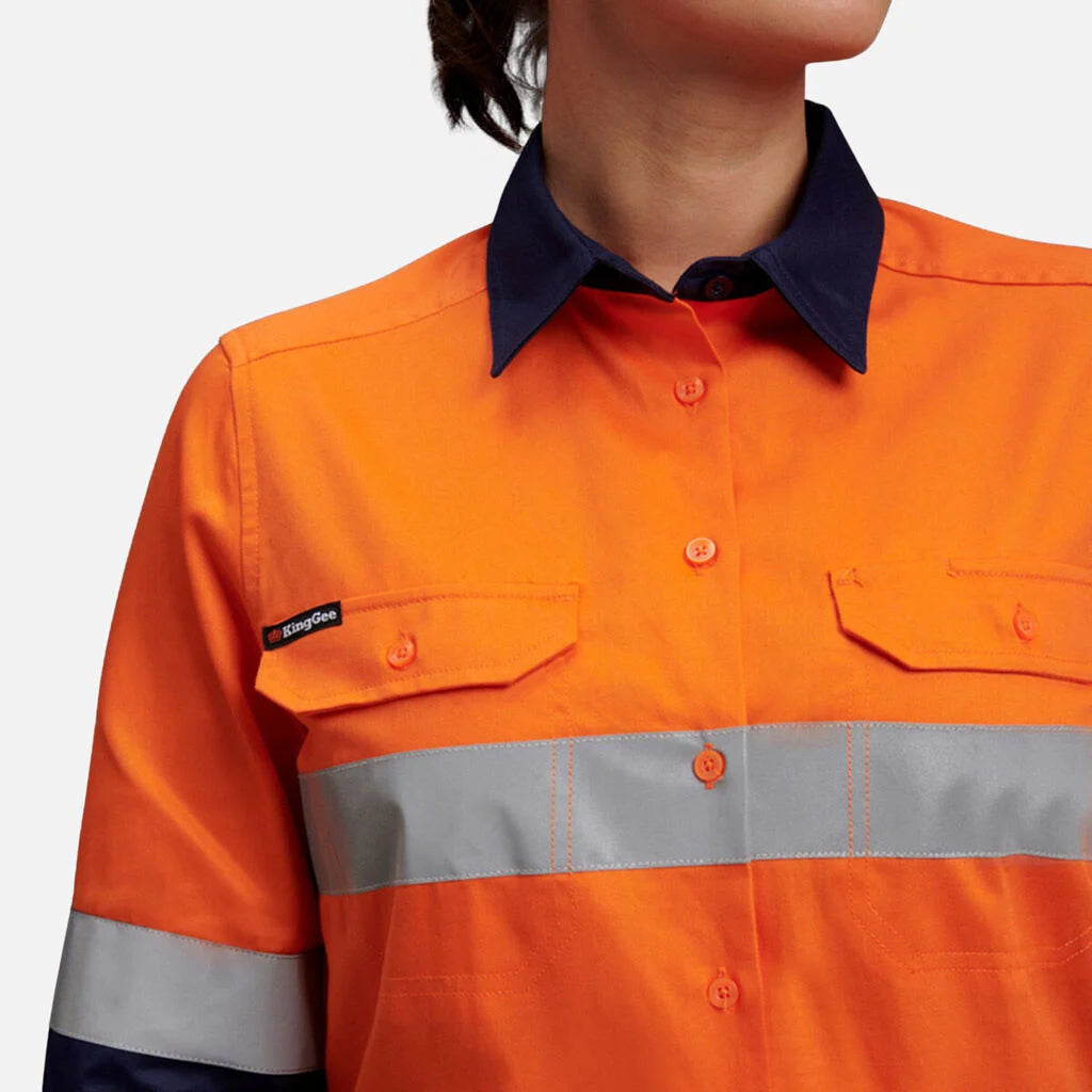 Camisola de trabalho de manga comprida para mulher com detalhes refletores de alta visibilidade