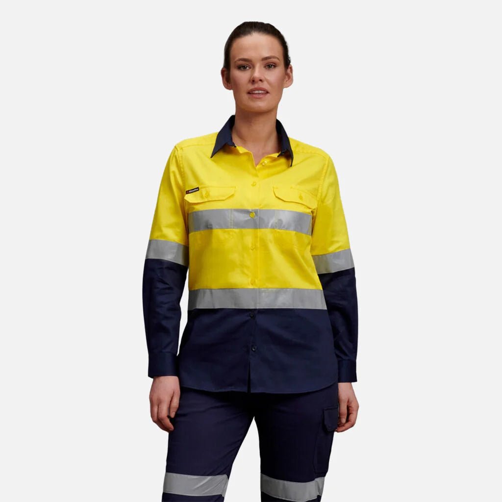 Camisola de trabalho de manga comprida para mulher com detalhes refletores de alta visibilidade