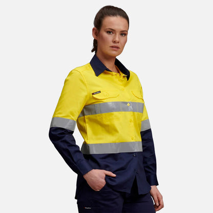 Camisola de trabalho de manga comprida para mulher com detalhes refletores de alta visibilidade
