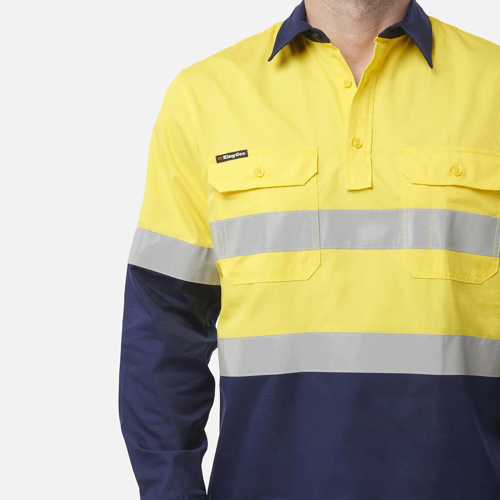 Camisola Workcool com ventilação, frente fechada, costuras reforçadas e mangas compridas.