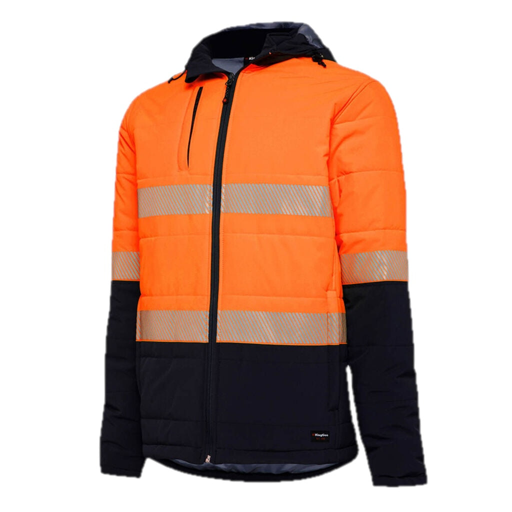 Jaket puffer berbahan fleece dengan lapisan ribstop reflektif visibilitas tinggi 