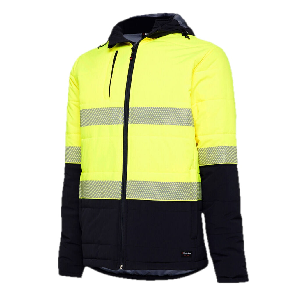 Jaket puffer berbahan fleece dengan lapisan ribstop reflektif visibilitas tinggi 