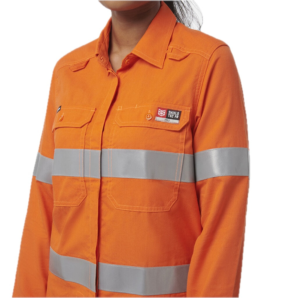 Kemeja Wanita Shieldtec LENZING™ FR Hi-Vis Depan Terbuka Berpita APD2