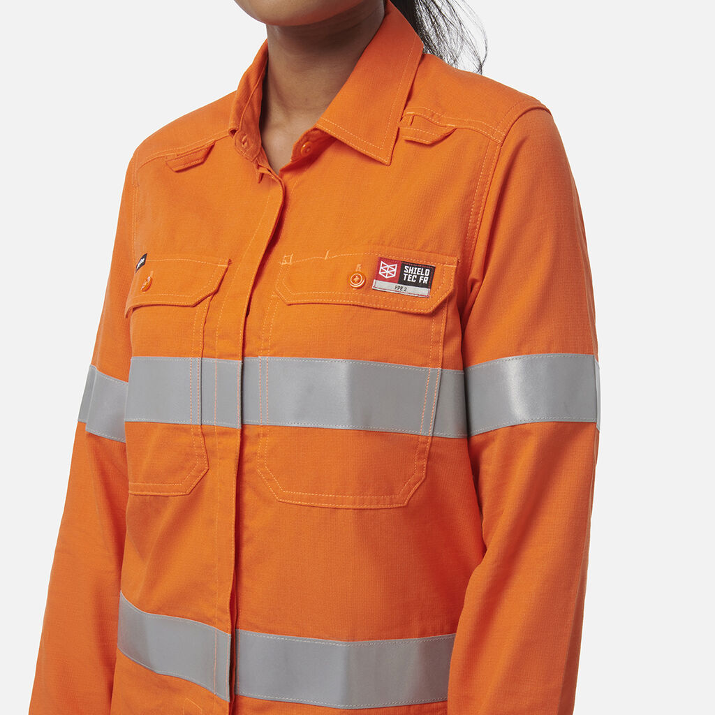Camisola de mulher Shieldtec LENZING™ FR de alta visibilidade com abertura frontal e fita adesiva - EPI2