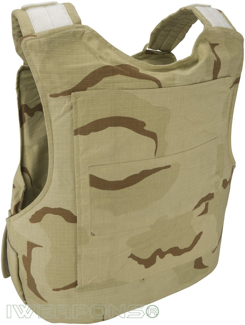IWEAPONS® Desert Camo Tactical Bulletproof Vest with Modular Velcro System – angled view