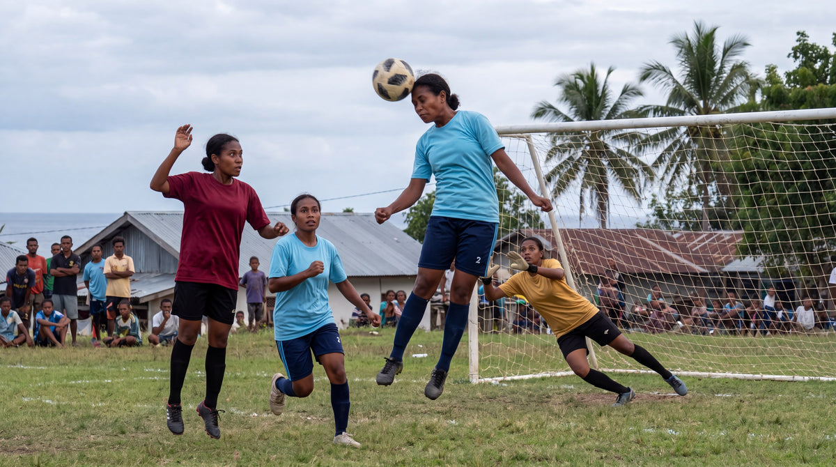 Women's football team in plain spring blue Sprint Tees heading a corner on a coastal pitch