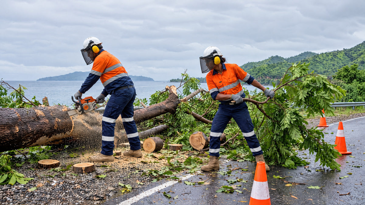 Road crew in orange and navy hi vis shirts and navy work pants, helmets with face shields down and earmuffs, clearing a fallen tree