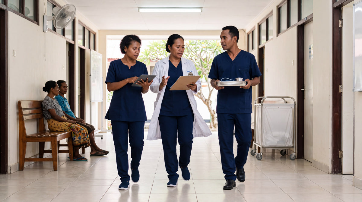 Doctor in a white Hope lab coat and nurses in navy scrubs walking a clinic corridor