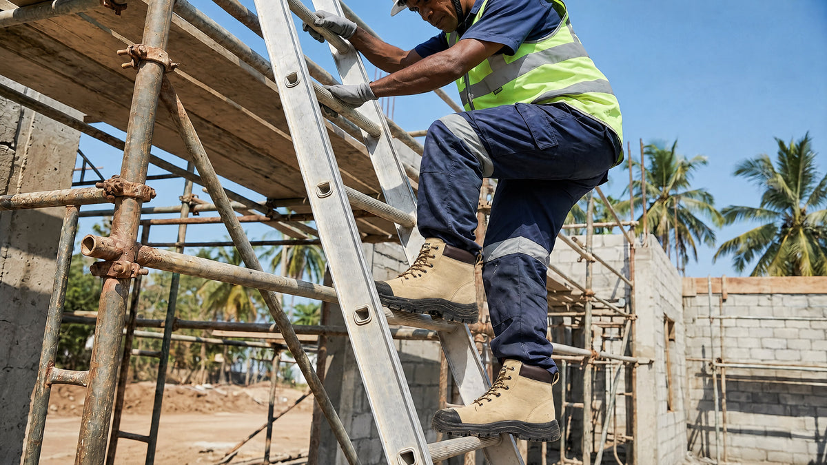 Close-up of Hard Yakka Gravel steel toe safety boots on a scaffold ladder