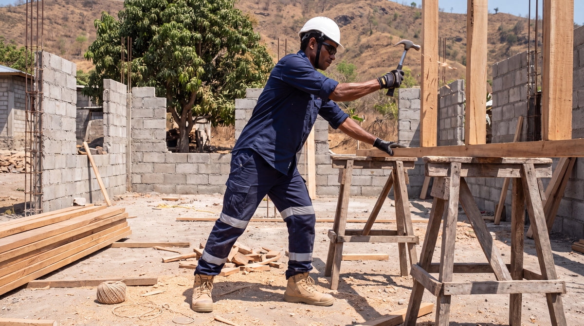 Carpenter in navy KingGee work shirt and Biomotion pants nailing a wall frame on a Dili building site