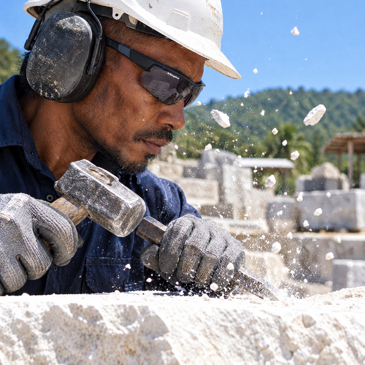 Stonemason chiselling limestone in KingGee Combat smoke safety glasses as chips fly