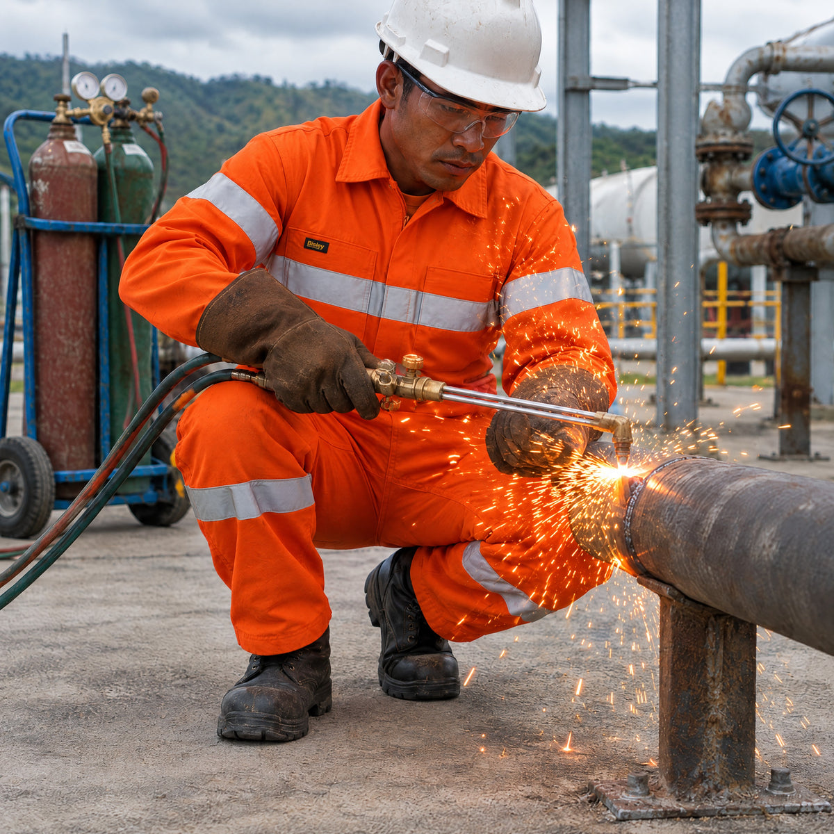 Worker oxy-cutting a pipe in a Bisley Indura FR coverall as sparks bounce off the fabric