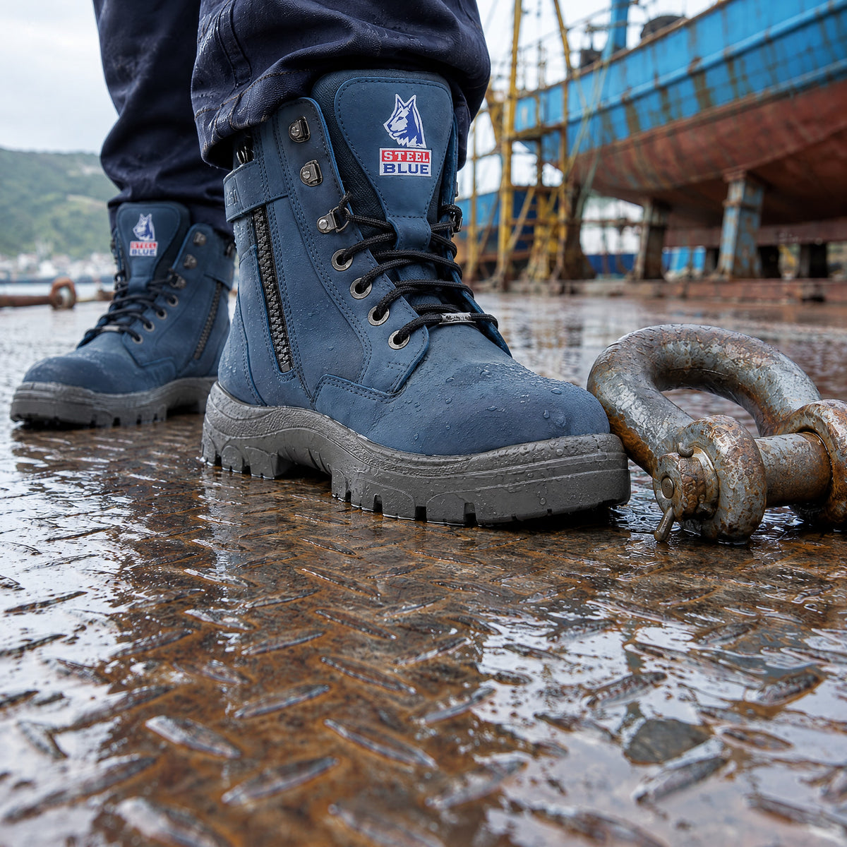 Steel Blue Southern Cross zip steel toe boot on wet chequer plate next to a heavy shackle