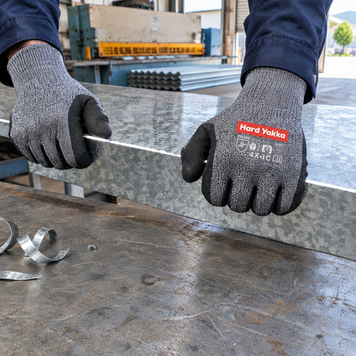 Hands in Hard Yakka Neo C5 cut resistant gloves gripping the sharp edge of galvanised sheet steel