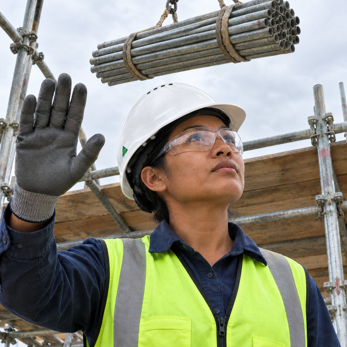 Site engineer in a white Maxisafe vented hard hat signalling under a hoisted load