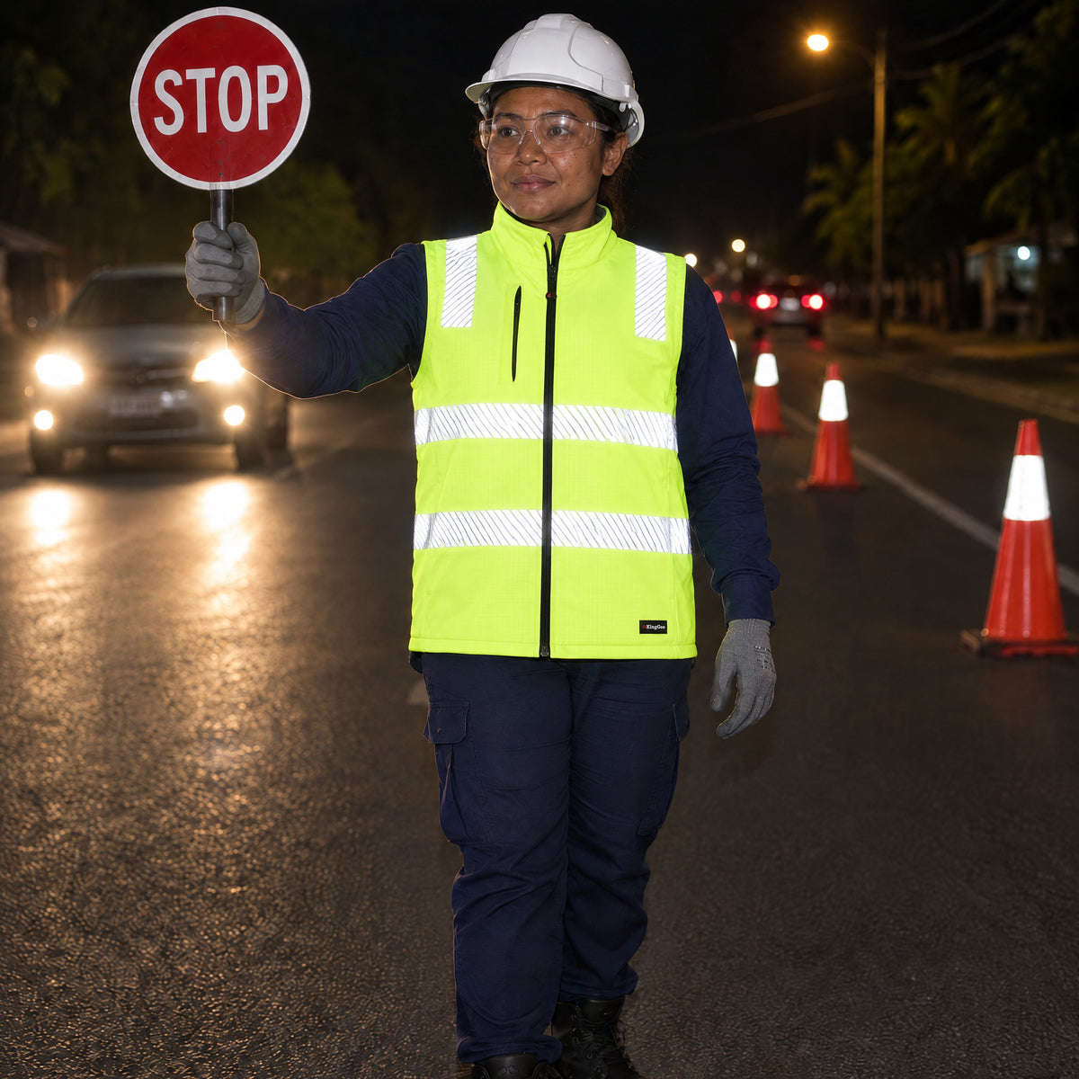 Traffic controller at night in a KingGee hi vis softshell vest with segmented reflective tape lit by headlights