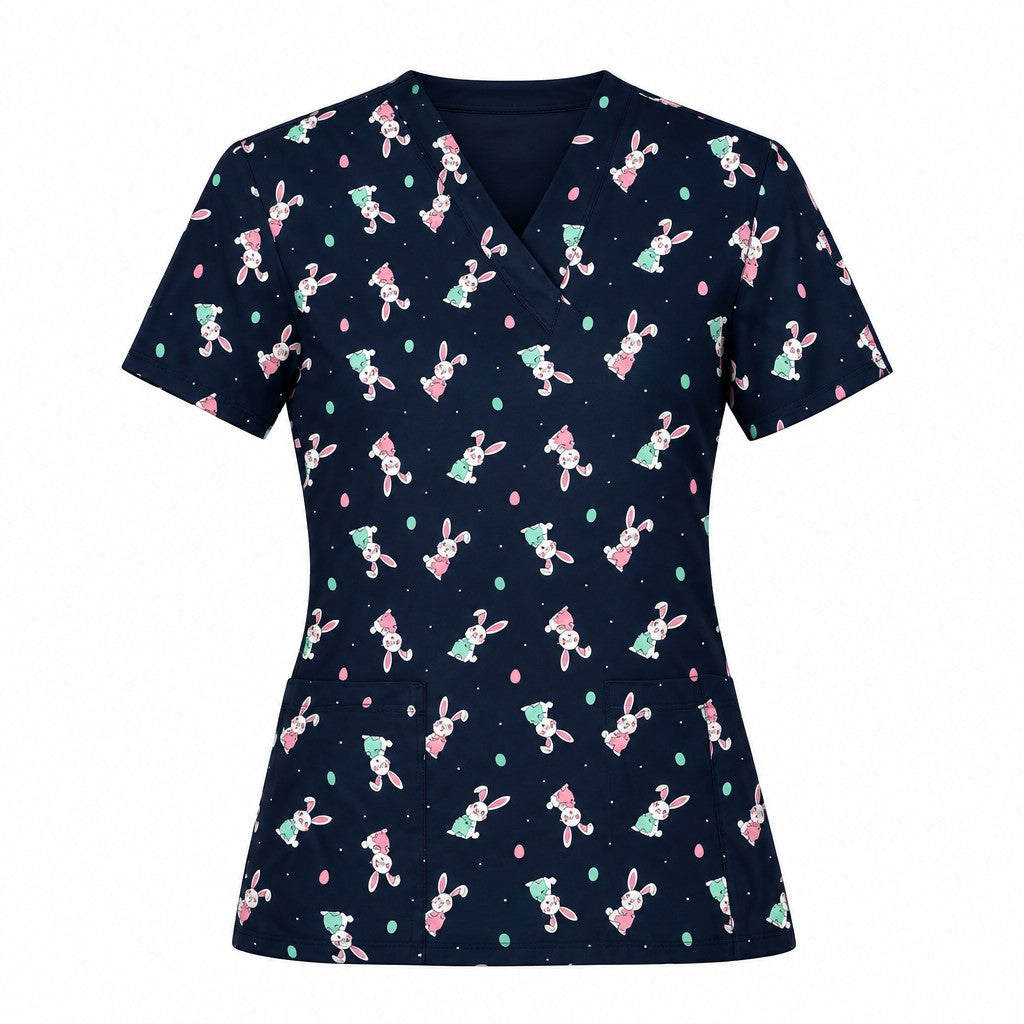 Womens Easter V-Neck Short Sleeve Scrub Top
