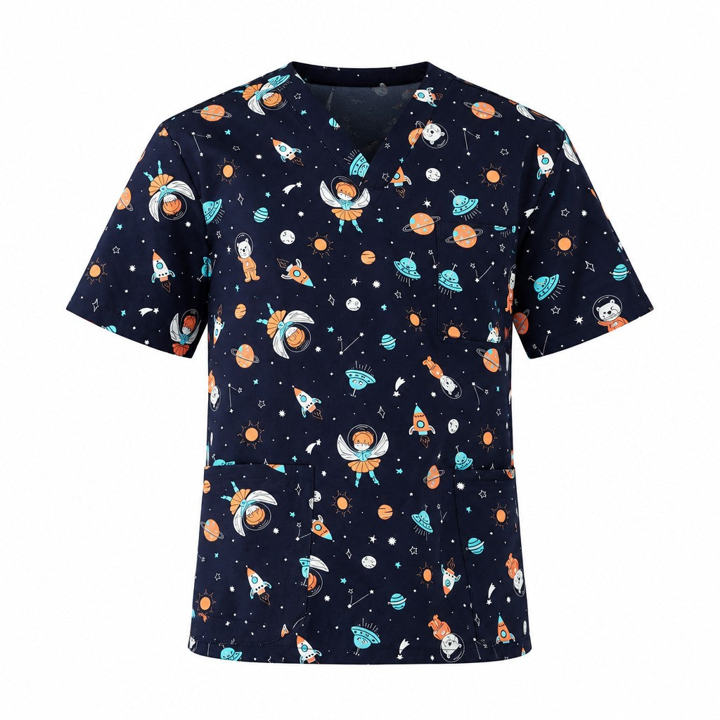 Mens Printed Space Party Scrub Top