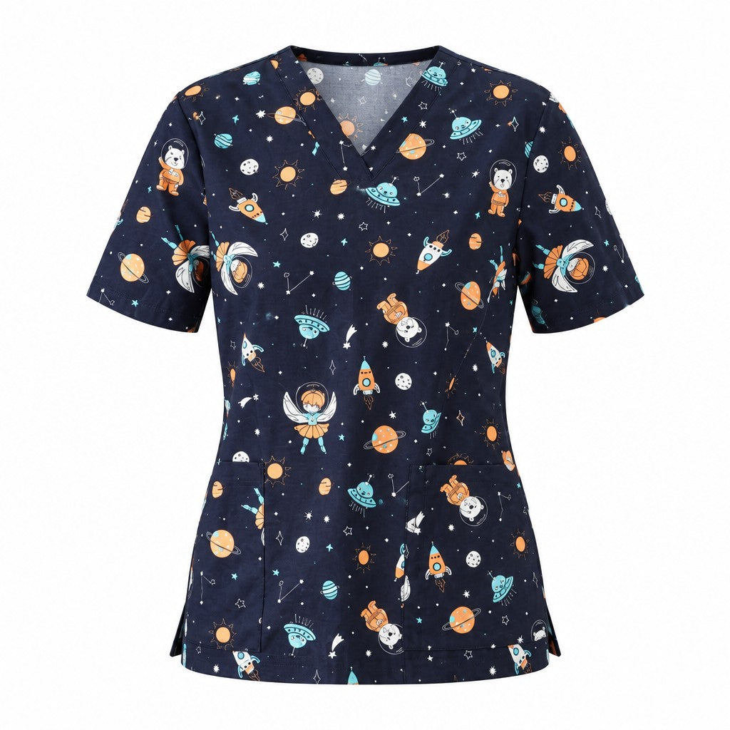 Womens Printed Space Party Scrub Top