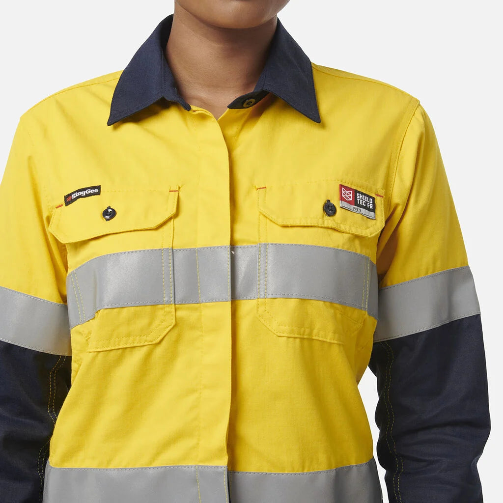 Camisa de senhora ShieldTec FR de alta visibilidade, bicolor, com frente aberta e fita de vedação, EPI2