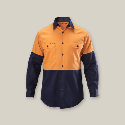 HI-VIS 2 TONE LONG SLEEVE COTTON DRILL WORK SHIRT