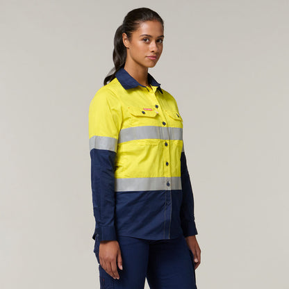 CAMISA DE SARJA DE ALGODÃO COM FITA VENTILADA KOOLGEAR HI-VIS PARA MULHERES 