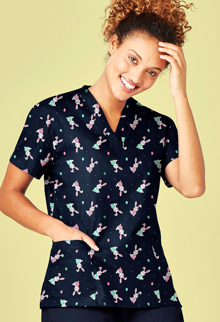 Blusa feminina de Páscoa com decote em V e manga curta