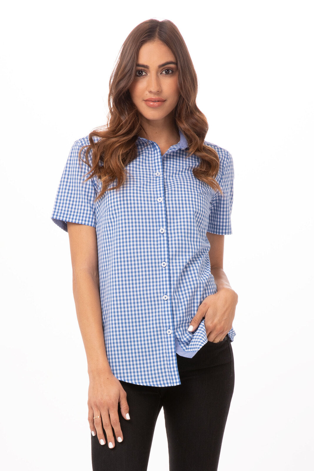 Kemeja Wanita Lengan Pendek Gingham Modern