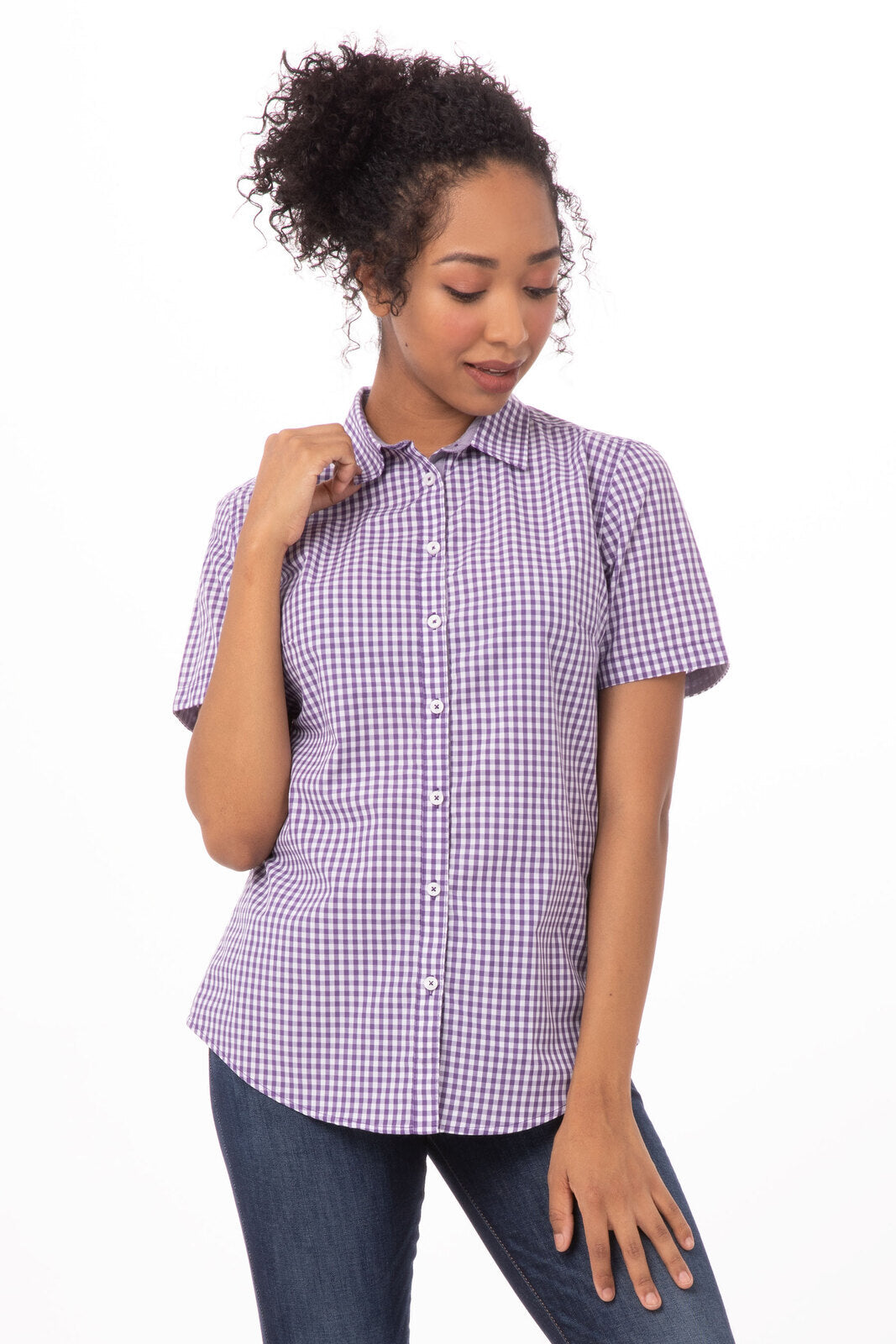 Kemeja Wanita Lengan Pendek Gingham Modern