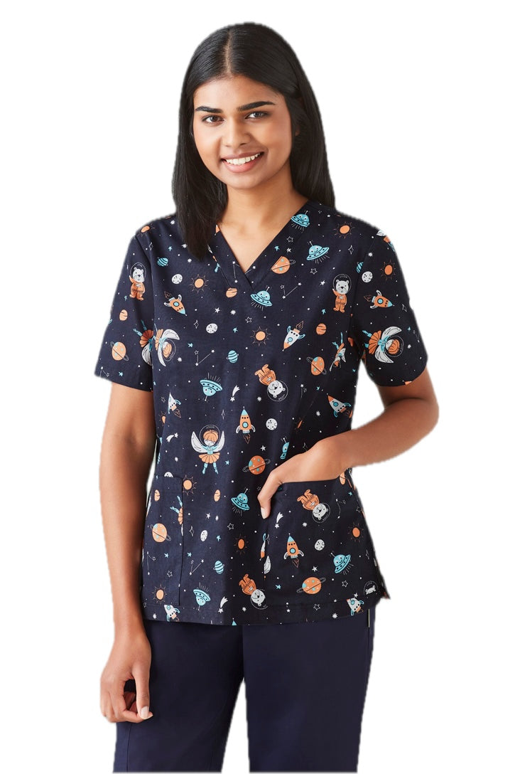 Womens Printed Space Party Scrub Top