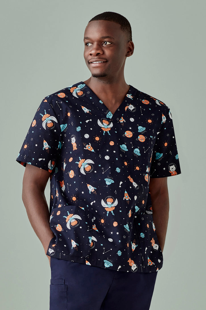Mens Printed Space Party Scrub Top