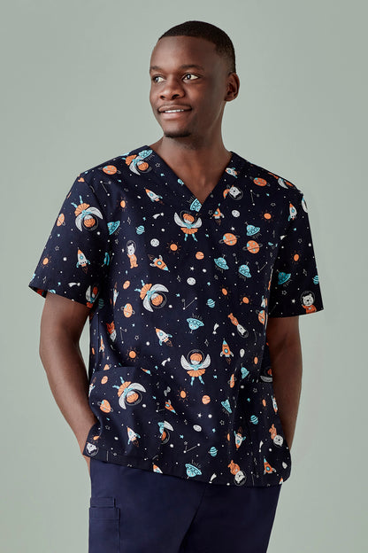 Mens Printed Space Party Scrub Top